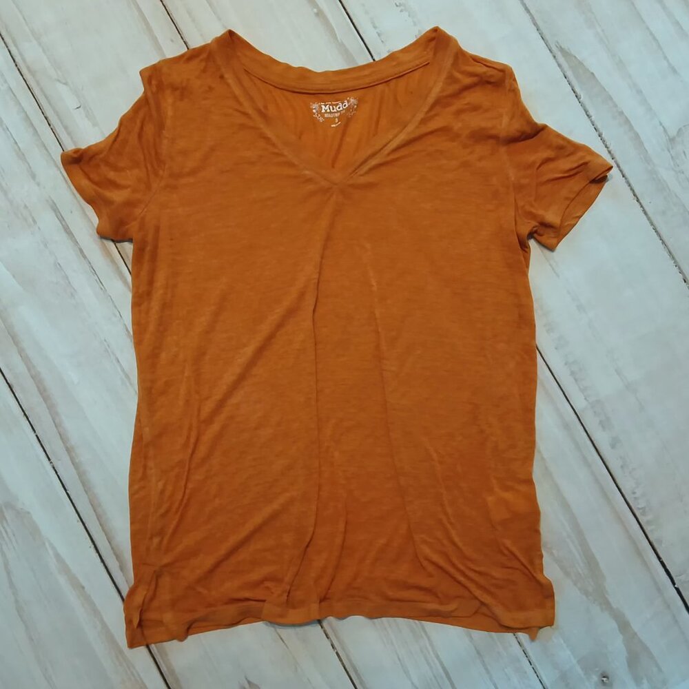 Mudd Womens Short Sleeve Rust Color Shirt "Road Trip" Copper V-neck Top 🌼